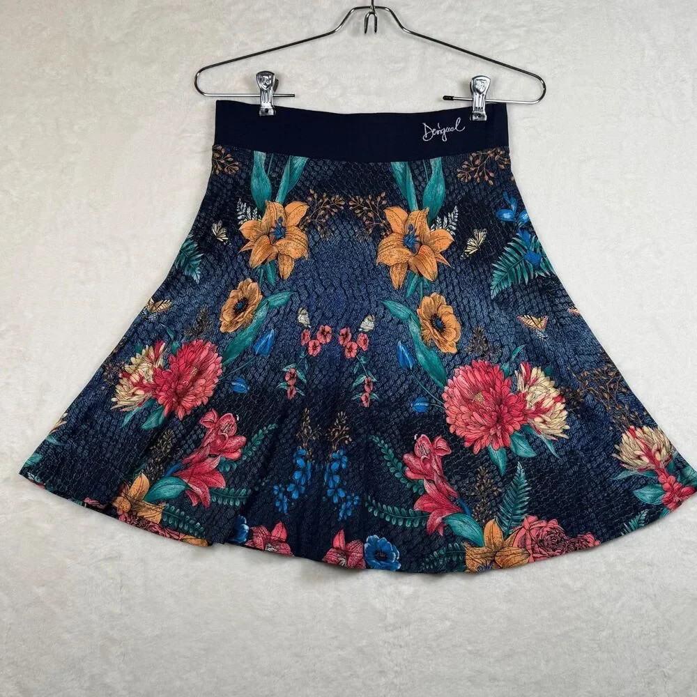 Desigual Skirt S Floral Butterfly Print Fit Flare Pull On Elastic Waist Blue